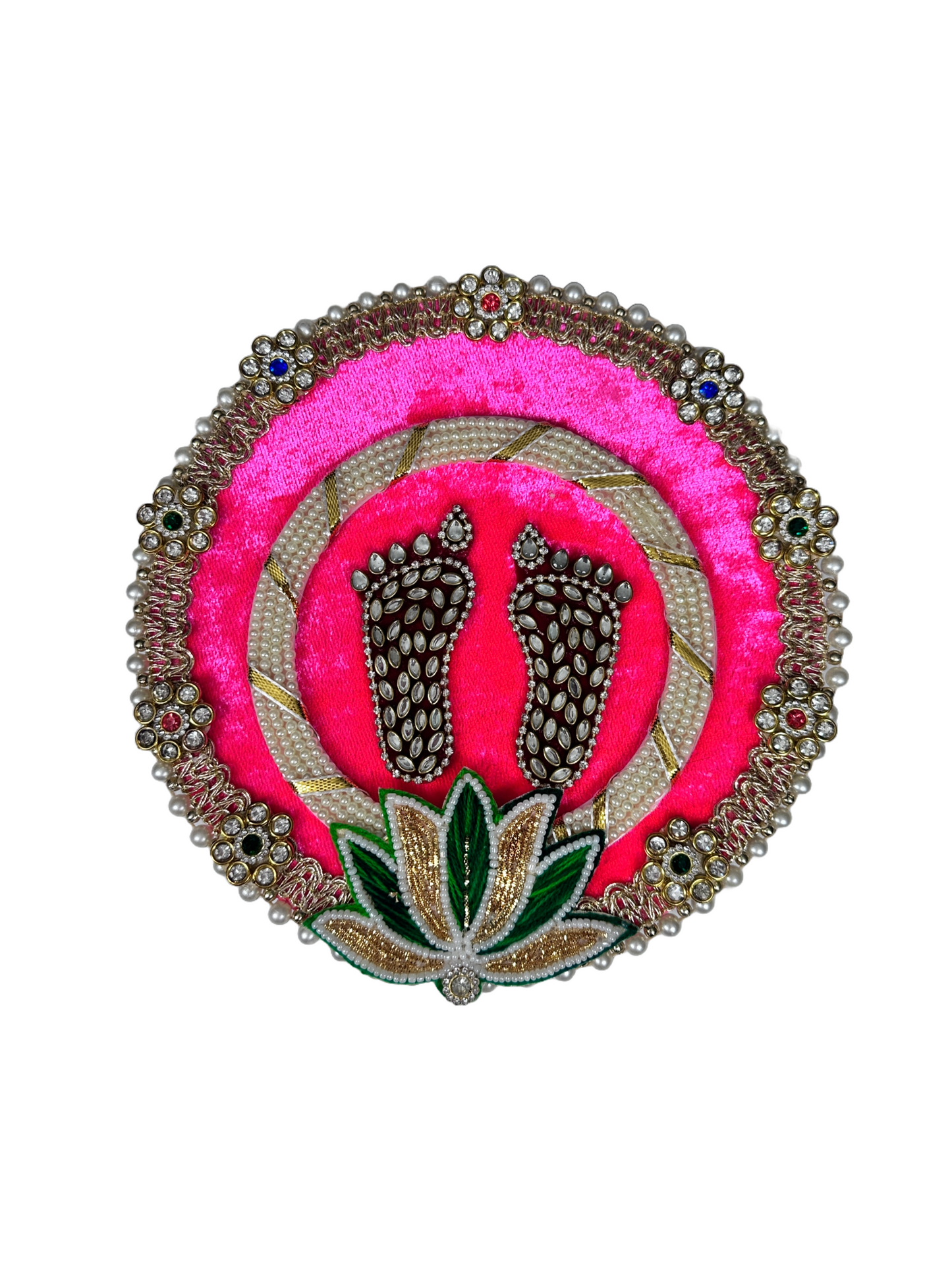 Laxmi Ji Charan with Lotus Flower - Kundan, Pearl & Stone Decorated 4-Legged Design | Ideal Diwali Gift & Pooja Item