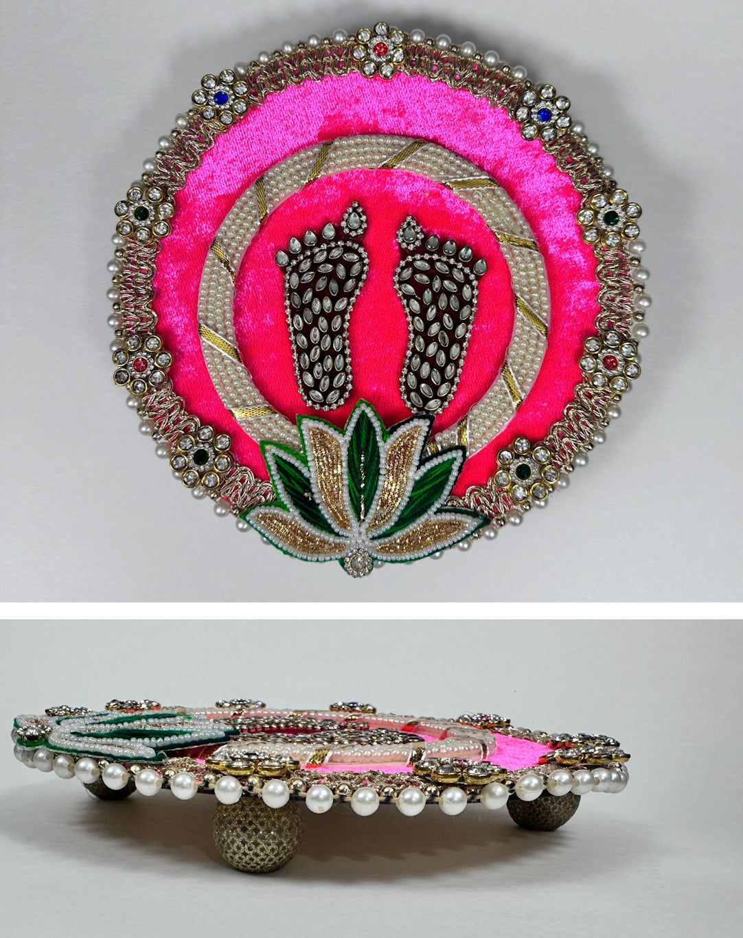 Laxmi Ji Charan with Lotus Flower - Kundan, Pearl & Stone Decorated 4-Legged Design | Ideal Diwali Gift & Pooja Item