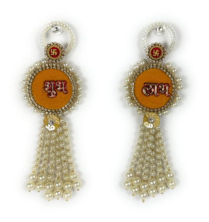 Decorative Shubh-Labh Door Hanging with Pearls and Gemstones, Durable, Diwali Deepawali Decor, Housewarming, Unique Gift (Yellow)