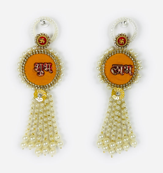 Decorative Shubh-Labh Door Hanging with Pearls and Gemstones, Durable, Diwali Deepawali Decor, Housewarming, Unique Gift (Yellow)