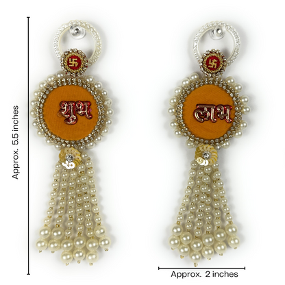 Decorative Shubh-Labh Door Hanging with Pearls and Gemstones, Durable, Diwali Deepawali Decor, Housewarming, Unique Gift (Yellow)