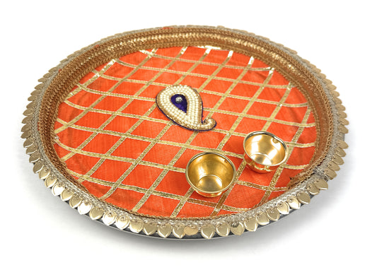 Decorated Plate | Aarti Thali | Unique Pooja Thali for Diwali & Housewarming | Perfect Gift for Auspicious Occasions (Steel Orange Medium)