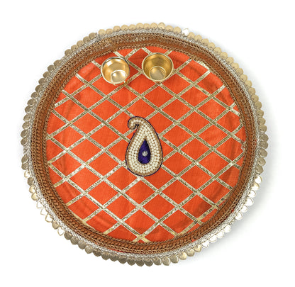 Decorated Plate | Aarti Thali | Unique Pooja Thali for Diwali & Housewarming | Perfect Gift for Auspicious Occasions (Steel Orange Medium)