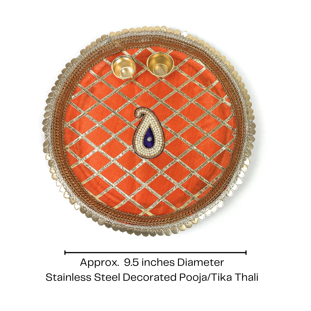 Decorated Plate | Aarti Thali | Unique Pooja Thali for Diwali & Housewarming | Perfect Gift for Auspicious Occasions (Steel Orange Medium)