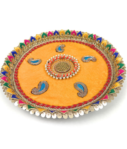 Decorated Plate | Aarti Thali | Unique Pooja Thali for Diwali & Housewarming | Perfect Gift for Auspicious Occasions (Steel Yellow Velvet)