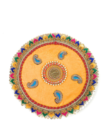 Decorated Plate | Aarti Thali | Unique Pooja Thali for Diwali & Housewarming | Perfect Gift for Auspicious Occasions (Steel Yellow Velvet)