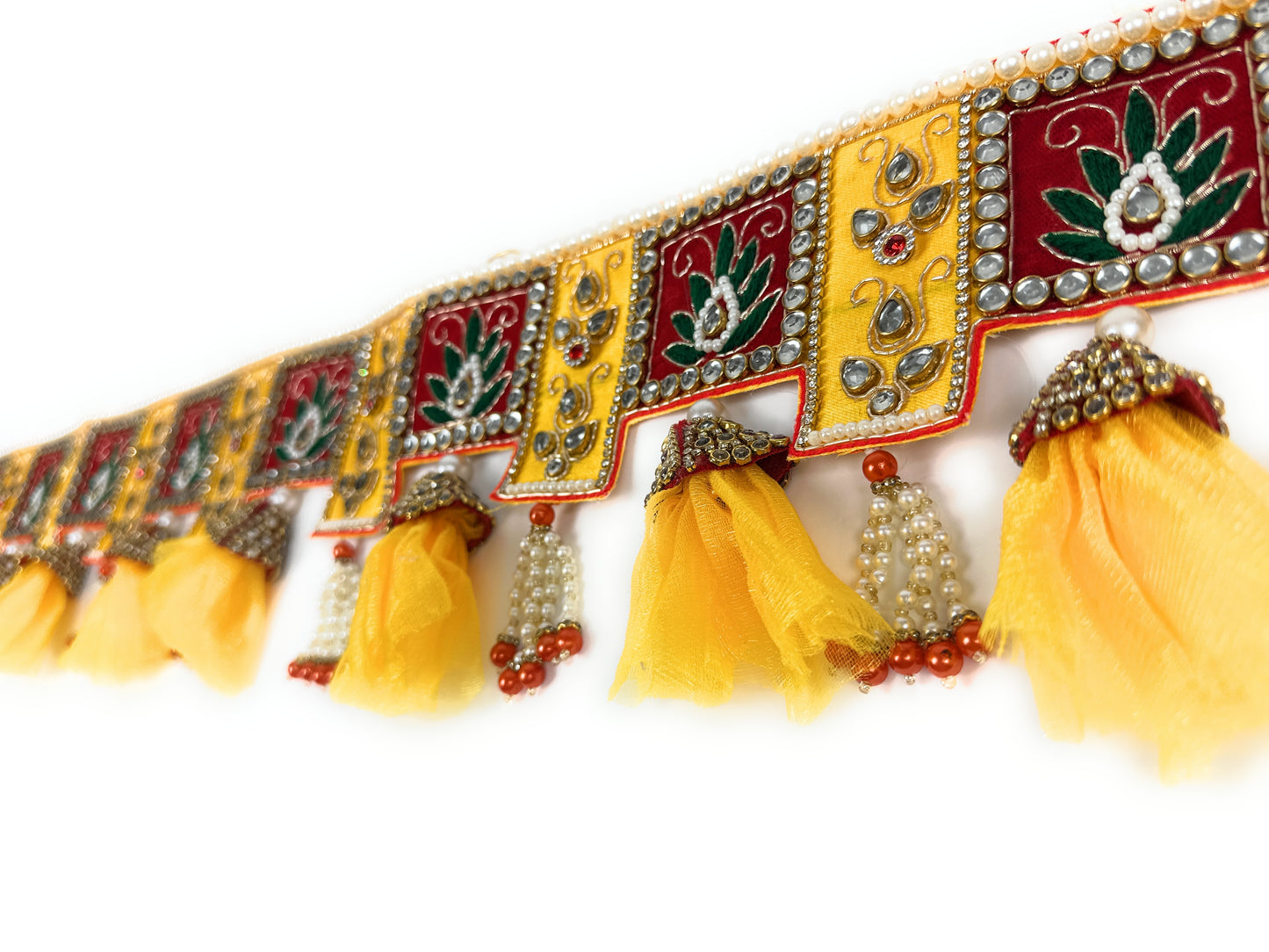 Handcrafted Premium Toran | Bandanwar | Pooja Door Hanging for Diwali, Housewarming | Altar Decor | Unique Gift for Auspicious Occasions (Yellow Red Kundan)