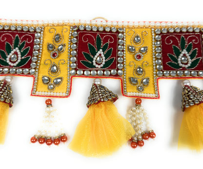 Handcrafted Premium Toran | Bandanwar | Pooja Door Hanging for Diwali, Housewarming | Altar Decor | Unique Gift for Auspicious Occasions (Yellow Red Kundan)