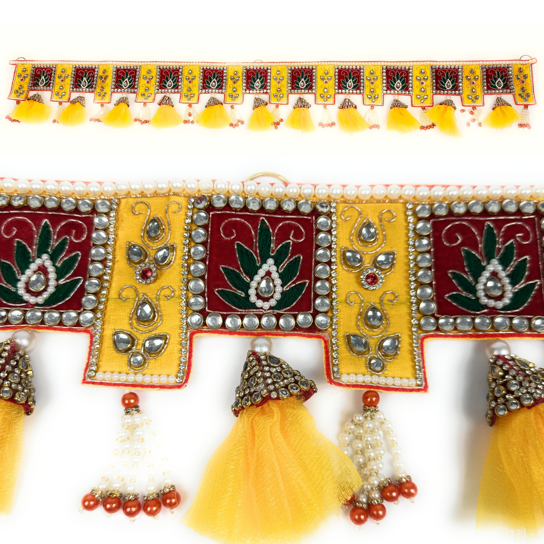 Handcrafted Premium Toran | Bandanwar | Pooja Door Hanging for Diwali, Housewarming | Altar Decor | Unique Gift for Auspicious Occasions (Yellow Red Kundan)