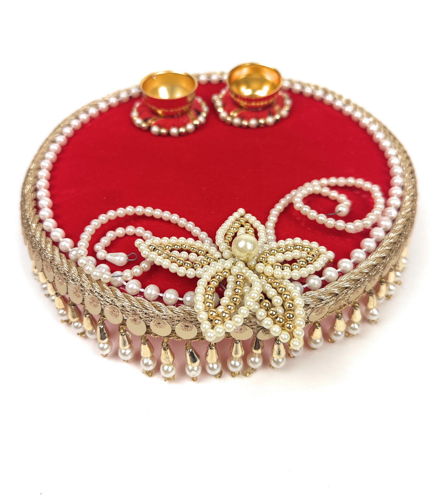 Decorated Plates | Aarti Thali | Unique Pooja Thali for Diwali & Housewarming | Perfect Gift for Auspicious Occasions (MDF Red Velvet)