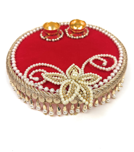 Decorated Plates | Aarti Thali | Unique Pooja Thali for Diwali & Housewarming | Perfect Gift for Auspicious Occasions (MDF Red Velvet)